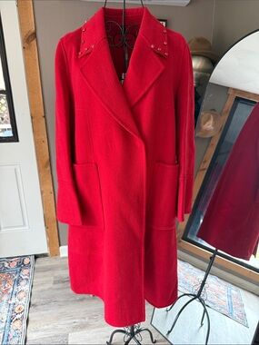 Red Stud-Embellished Wool Trench Coat